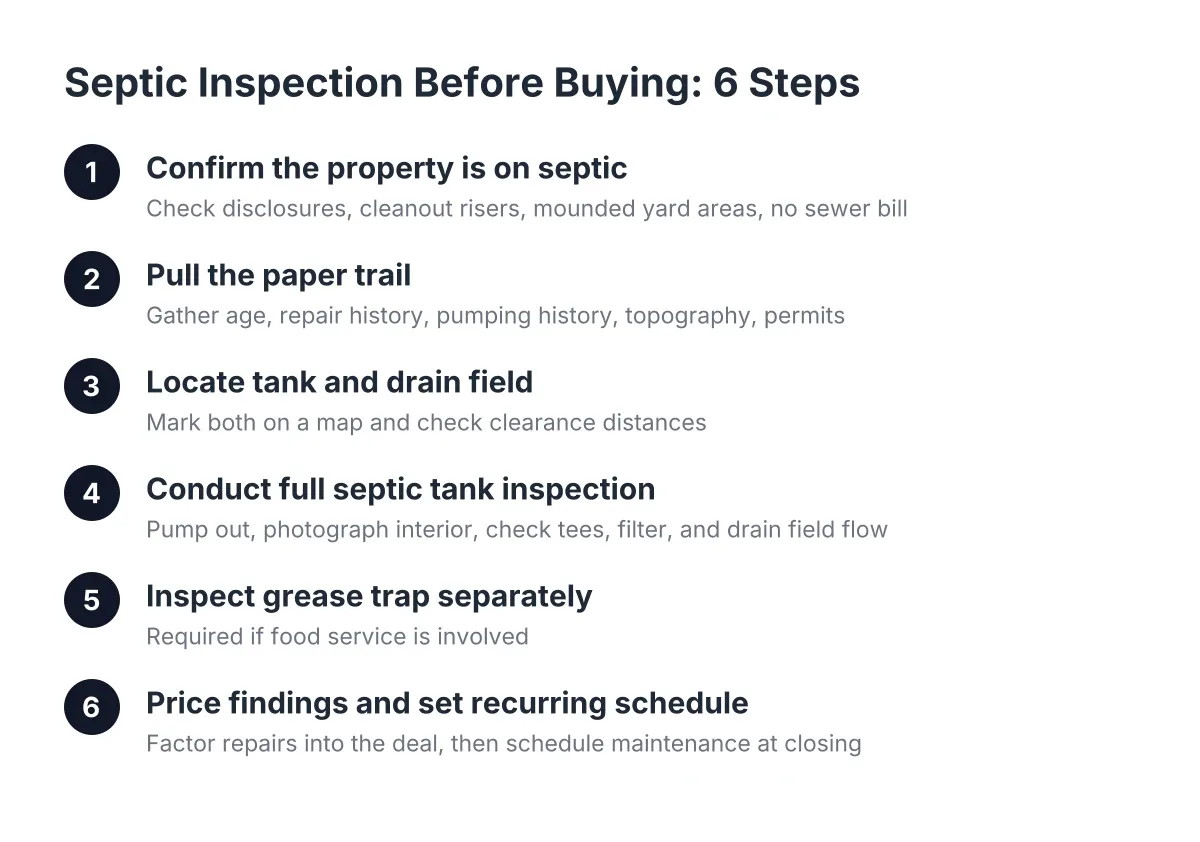 Numbered checklist diagram of septic inspection steps before buying a Miami property