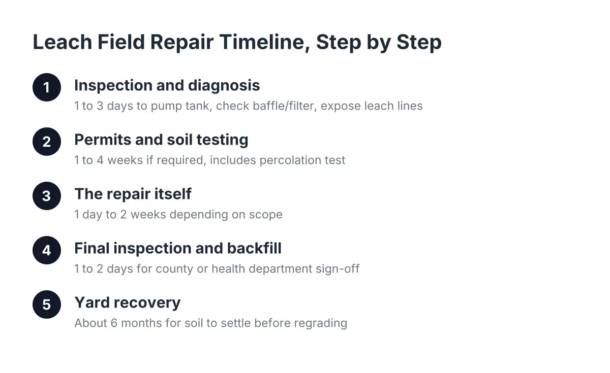 Steps in a leach field repair timeline from inspection to yard recovery