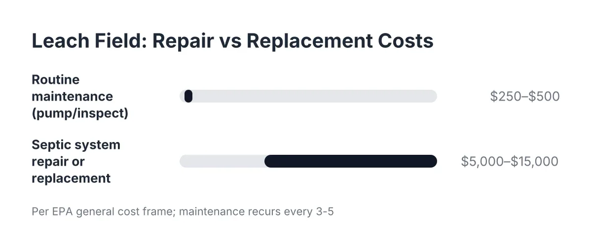 Cost range chart comparing septic maintenance vs full septic system repair or replacement