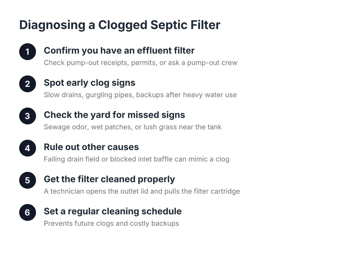 Six-step process for spotting and fixing a clogged septic filter